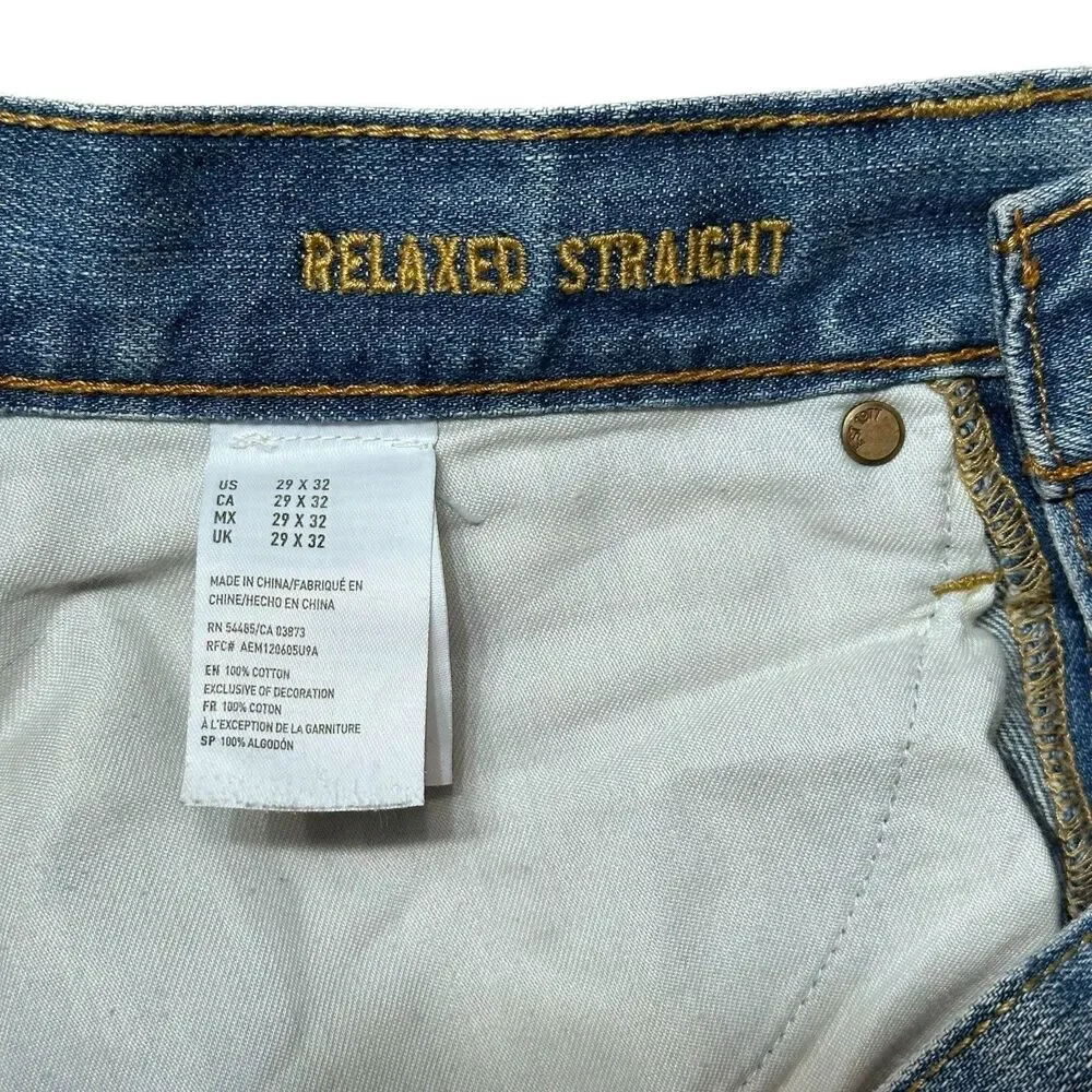 American Eagle Mens 29x32 Relaxed Straight Jeans Blue Distressed Western EUC
